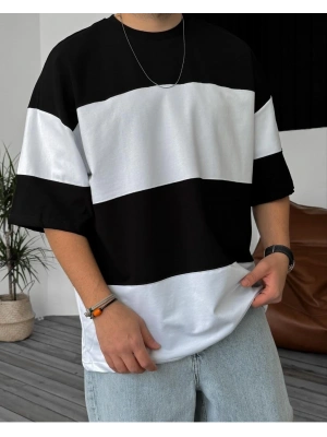 Bisiklet Yaka Parçalı T-Shirt - Siyah -