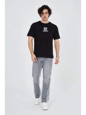 Bisiklet Yakalı Baskılı T-Shirt - Siyah