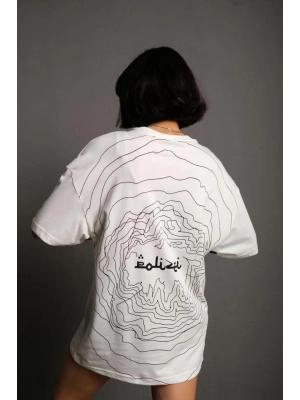 Bisiklet Yakalı Sırt Baskılı Oversize T-Shirt - Beyaz -