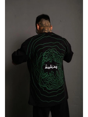 Bisiklet Yakalı Sırt Baskılı Oversize T-Shirt - Siyah -