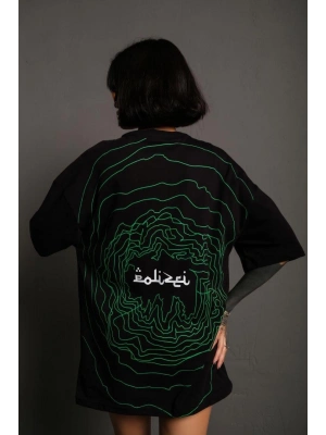 Bisiklet Yakalı Sırt Baskılı Oversize T-Shirt - Siyah -