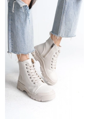 BLOOM Bağcıklı Fermuarlı Ortopedik Taban Kadın Bot  CKT - Krem