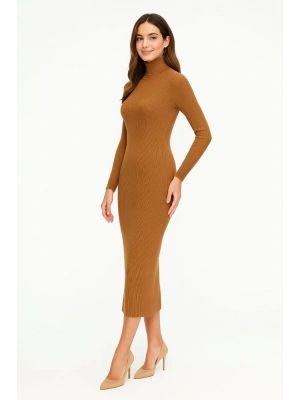 Boğazlı Triko Elbise - Kahverengi -