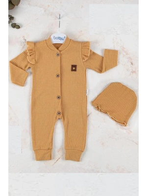 Boydan Düğmeli Şapkalı % 100 Pamuk Kız Bebek Tulumu