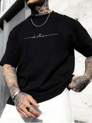 Büyük Beden   Whatever Baskılı Tişört, Oversize- Siyah -