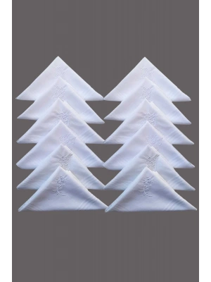 Çiçek İşlemeli Bayan Mendili 12 Adet 28x28 cm 100 Pamuk