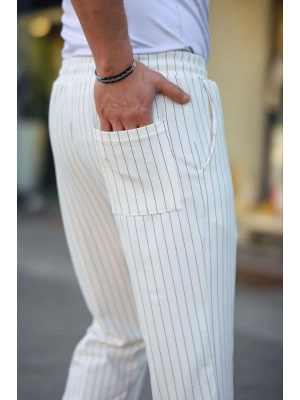 Cizgili Dokuma Krep Jogger Buggy Pantalon Rahat kalıp - Beyaz