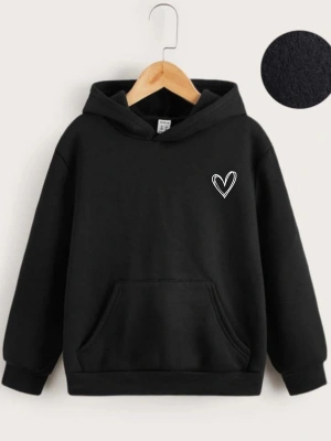Çocuk   Kapüşonlu Çizgi Kalp Baskılı Sweatshirt - Siyah