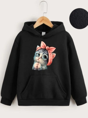 Çocuk   Kapüşonlu Tatlı Kedi Baskılı Sweatshirt - Siyah
