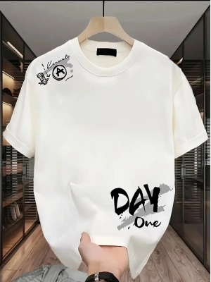 Day One Baskılı Oversize Bisiklet Yaka T-shirt - Beyaz -