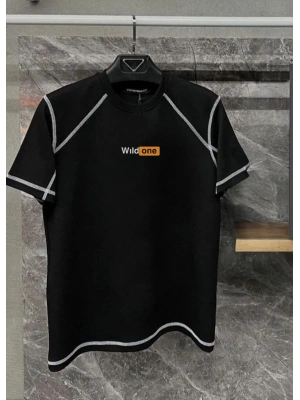 Dikişli Baskılı Oversize T-Shirt - Siyah -