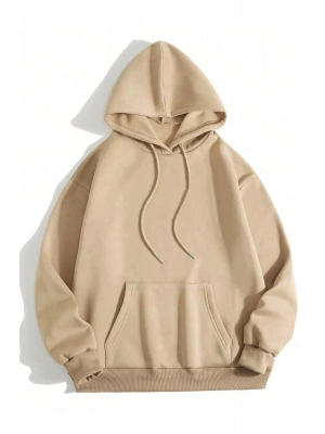 Düz Kapüşonlu Sweat - Bej -
