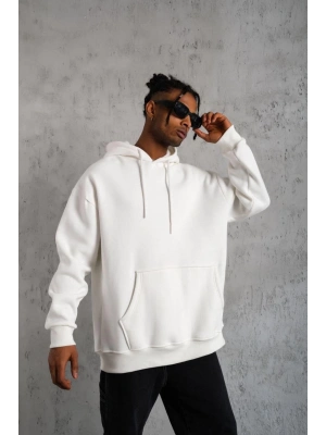 Düz Kapüşonlu Sweat - Beyaz -