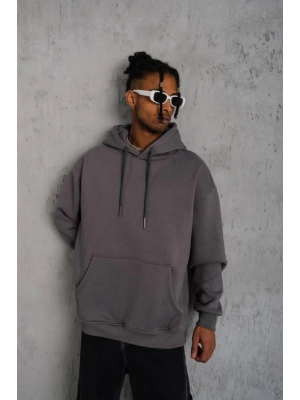 Düz Kapüşonlu Sweat - Gri -