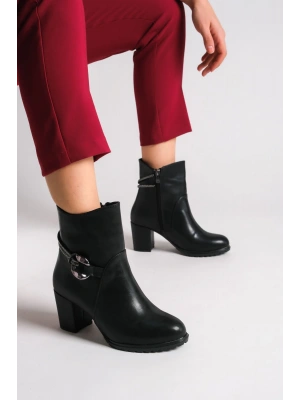 EDNA Fermuarlı Ortopedik Taban Taşlı Topuklu Kadın Bot CST - Siyah