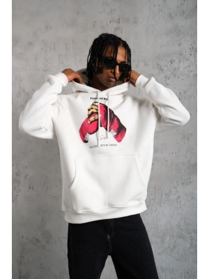 Eldiven Baskılı Kapüşonlu Sweat - Beyaz -