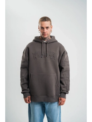 Erkek Nakış İşlemeli Kapşonlu Antrasit Sweatshirt Üç İplik Double Oversize- Füme