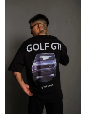 Erkek Oversize Tişört Golf GTI Retro Araba Baskılı T-shirt - Siyah