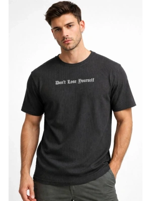 Erkek Wafıl Kumaş Tişört Regular Kalıp Bisiklet Yaka Baskılı Günlük Basic T-Shirt - Siyah