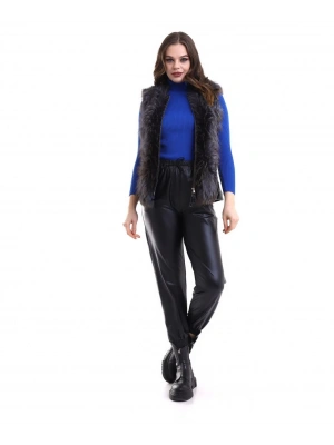 Fermuarlı Koyun Derisi Tilki Kürkü - Siyah -