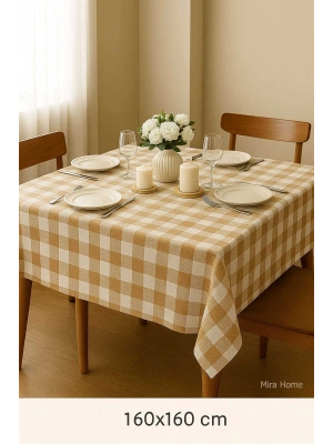 Fiber Kareli Masa Örtüsü Sofra Bezi Ekose Desen 160x160 Cm Bej