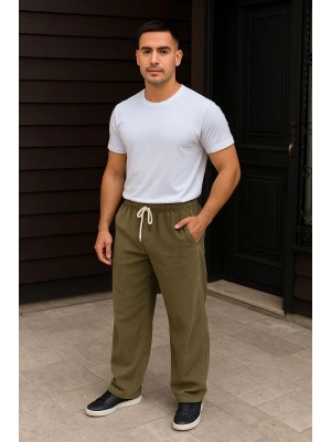 Fitilli Kadife Cepli Buggy Pantolon Oversize Rahat Kalıp - Haki