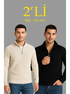 Fitilli Triko Kazak 2’li Set – Siyah  Bej