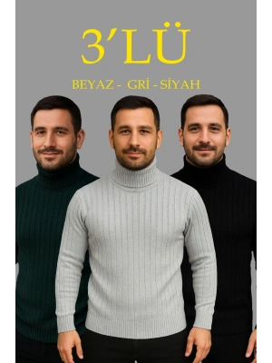 Fitilli Triko Kazak 3lÜ Set Gri Haki Siyah
