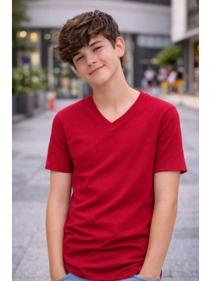 Genç Erkek Çocuk V Yaka Tişört Model - Bordo