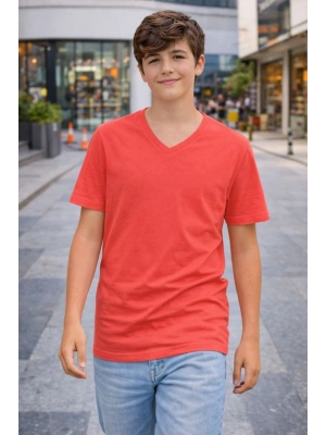 Genç Erkek Çocuk V Yaka Tişört Model - Nar Çiçeği