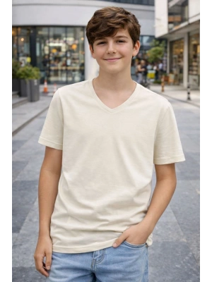 Genç Erkek Çocuk V Yaka Tişört Model - Taş