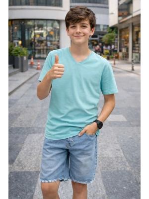 Genç Erkek Çocuk V Yaka Tişört Model - Turkuvaz