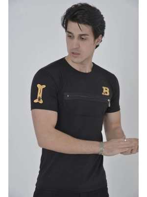 Göğüs Fermuarlı Baskılı T-Shirt - Siyah -