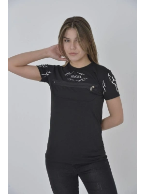 Göğüs Fermuarlı Baskılı T-Shirt - Siyah -