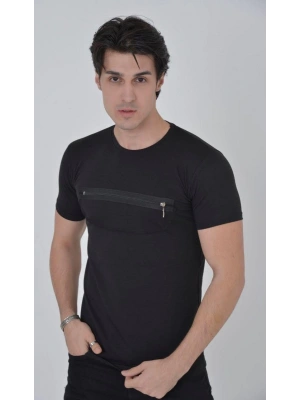 Göğüste Fermuar Aksesuarlı Dar Kalıp T-Shirt - Siyah -