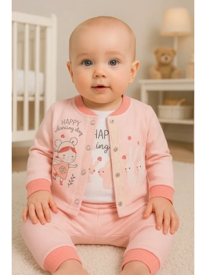 Happy Dancing Desenli 3lü Hırkalı Kız Bebek Takım