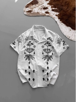 İki İplik Kumaş Baskılı Gömlek - Beyaz -