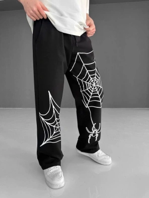 İki İplik Kumaş Örümcek Baskılı Esofman - Siyah -