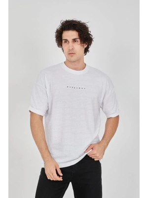 Jakar Kumaş Rahat Kol T-Shirt - Beyaz -