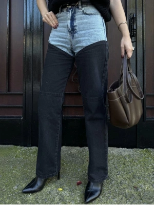 Jeans Kot Parçalı Palazzo Pantolon - Siyah -