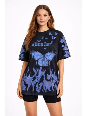 Kadın Asit Yıkamalı Oversize Tişört - Siyah