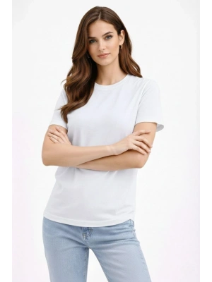 Kadın Bisiklet Yaka Tişört Regular Kalıp Basic Pamuklu Günlük Kullanım T-shirt - Beyaz