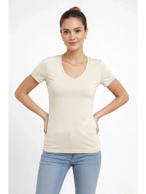 Kadın V Yaka Slim Fit Likralı Tişört - Taş