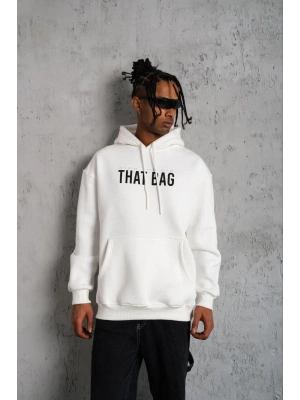 Kanguru Cep Baskılı Kapüşonlu Sweatshirt - Beyaz -