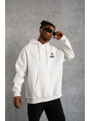 Kapşonlu Baskılı Sweetshirt - Beyaz -