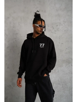Kapşonlu Baskılı Sweetshirt - Siyah -