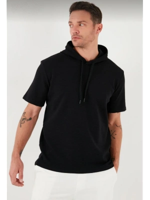 Kapşonlu Kısa Kol Düz Oversize T-shirt - Siyah -
