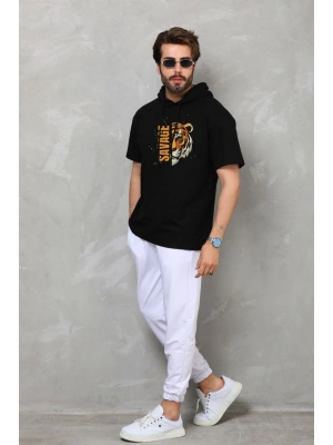 Kapşonlu Kısa Kol Oversize Baskılı T-Shirt - Siyah -