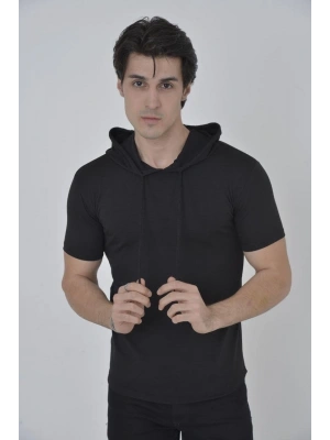 Kapşonlu Slim Fit T-shirt - Siyah -