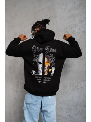 Kapşonlu Sweatshirt“Other Lives” Ön  Arka Baskılı Siyah -